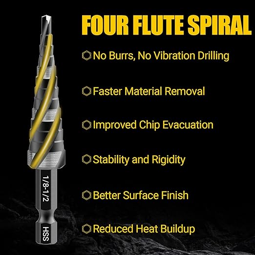 Four Spiral Flute Step Drill Bit, HSS Step Drill Bits (1/8"-1/2") Unibit Step Drill Bit, 1/4" Shank Step Bits for Aluminum, Metal, Wood, Plastic