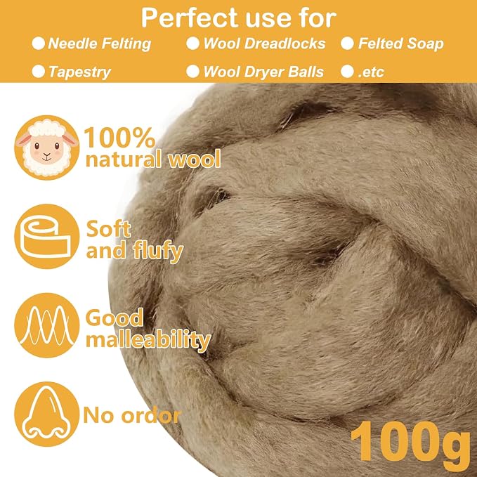 FYANER Wood Brown Wool Roving for Needle Felting, 3.5oz Felting Wool, Soft Wool - Image 2