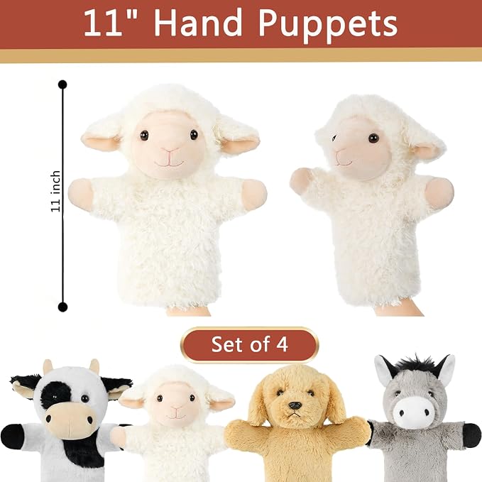 4 PCS 11'' Farm Animal Hand Puppet Set Soft Realistic Plush Puppets Toys Sheep - Image 2