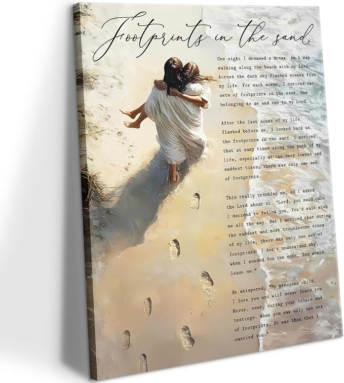 Jesus Holding Woman Wall Art Footprints in the Sand Painting Picture Wall Decor by wallart