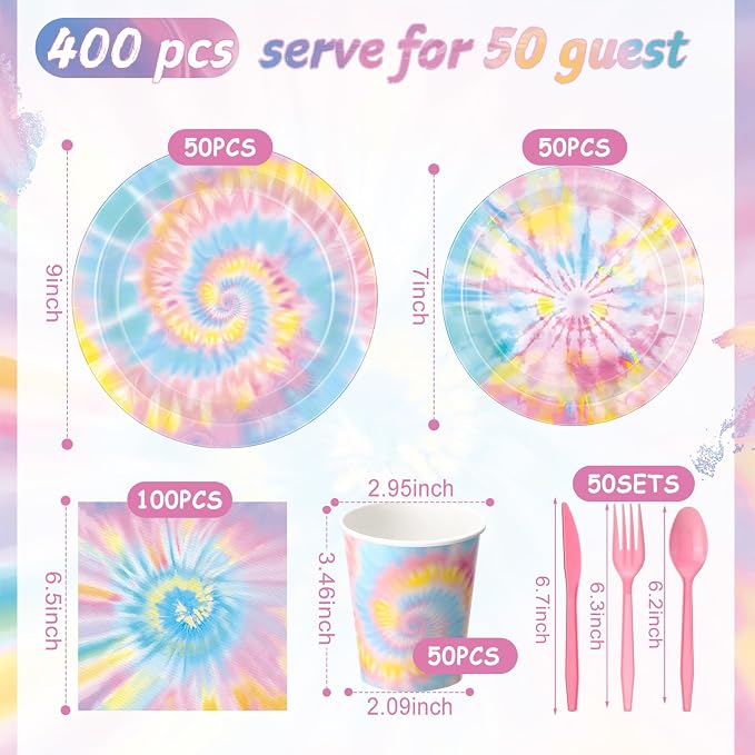 Pickmesh 400 Pcs Tie Dye Party Supplies Set Pastel Include Disposable Paper - Image 3