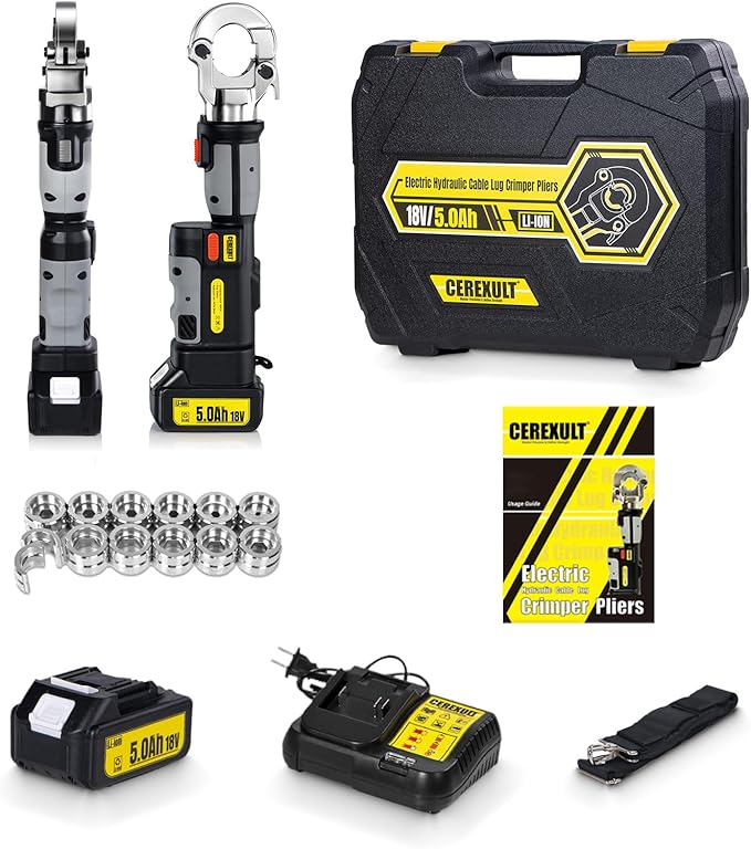 Electric Hydraulic Cable Lug Crimper Pliers, Rechargeable Crimping Tool, Straight-handled electric hydraulic pliers, Electrical Terminal Cable Wire Fiber Crimper Kit with 12 Dies, 8 AWG to 600 MCM