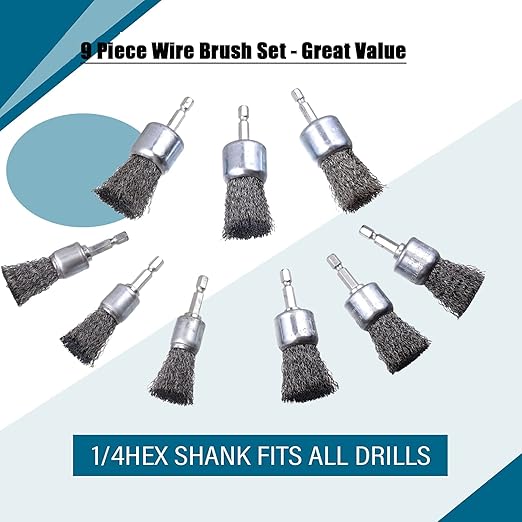 9 Pcs Wire Brush Wheel for Drill, Wire Brush for Drill 1-Inch Crimped End Wire Brushes 1/4" Hex Shank for Paint-Surface and Small Spaces