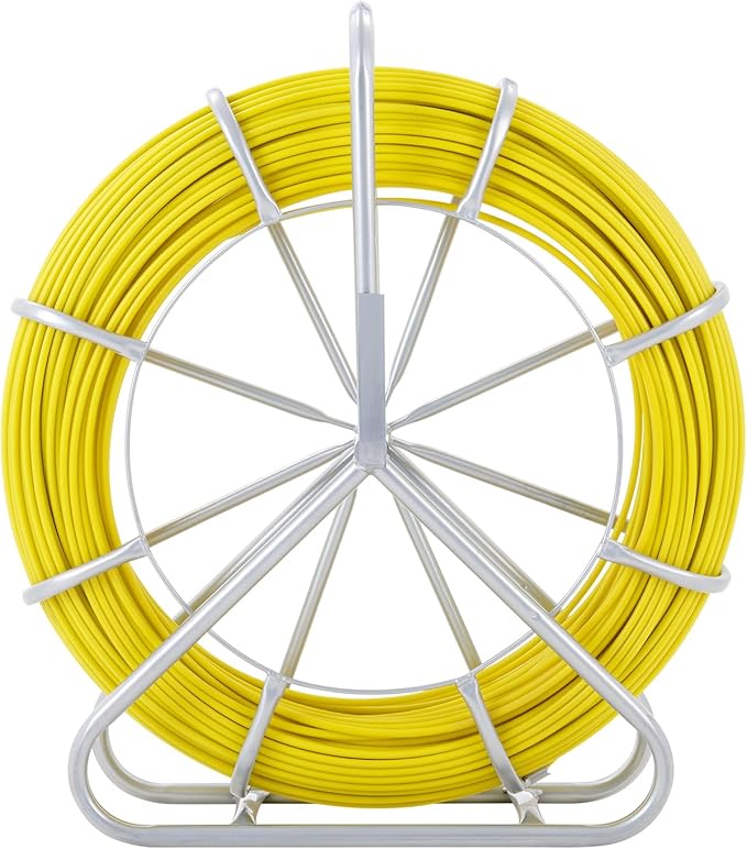 VEVOR Fiberglass Fish Tape 656 FT x 1/4 inch, Fish Tape Duct Rodder Puller with Durable Steel Stand, Non-Conductive Fishtape Wire Cable Running Rod for Walls, Floor and Electrical Conduit