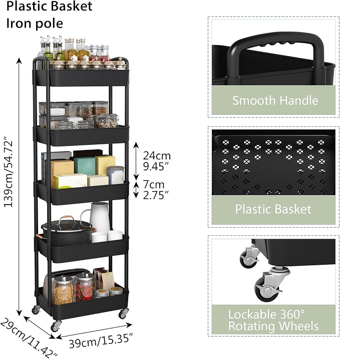 Sywhitta 5-Tier Plastic Rolling Utility Cart - Image 3