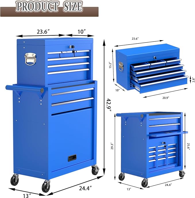 8 Drawer Tools Chest,42.9 inch Tool Cabinet with Universal Lockable Wheels，Organizable Tool Box with Detachable Top Box for Workshop，Blue