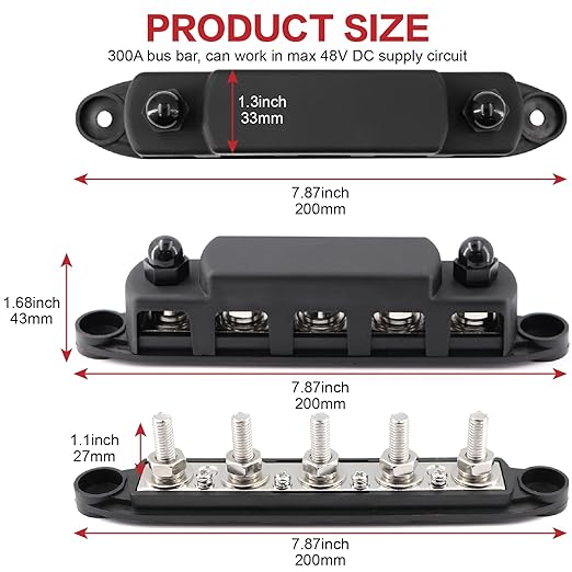 300A Bus Bar 5 Post 12V-48V DC Power Distribution Block,5 * 5/16"(M8) Battery Terminal Studs with Cover and Wire Lugs for Wiring,Automotive,Marine,Battery busbar (Red&Black)