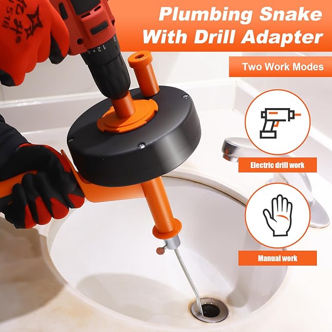 25FT Drain Snake with Drill Adapter, Drain Auger Clog Remover Tool for Sink, Shower, Kitchen, Bathroom & Sewer, Hair Clog Removal with Gloves, Manual or Powered Use