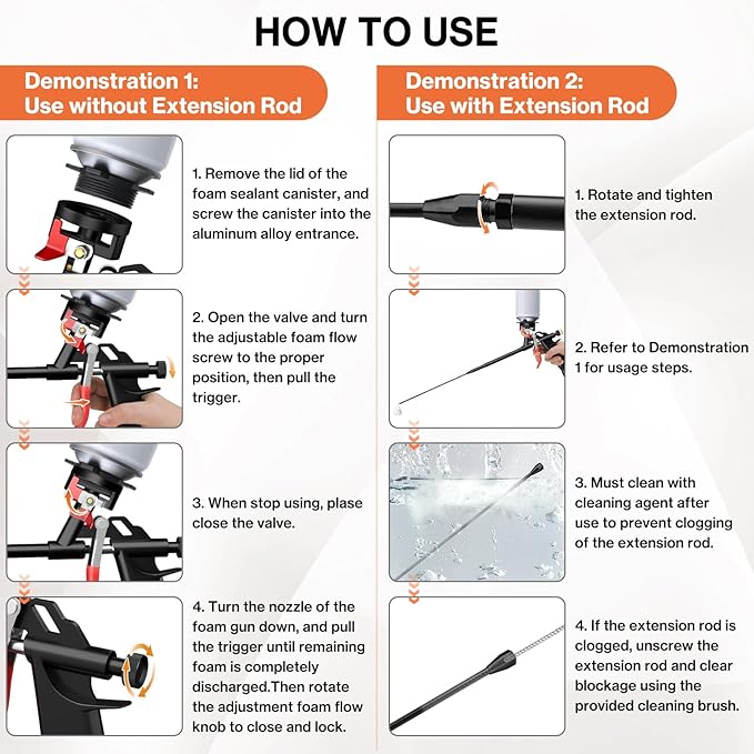 Lytool Spray Foam Gun with 12.6” Extension Rod PTFE Non Stick Barrel Copper Nozzle Adjustable Flow Caulking Gun with Cleaning Brush for Insulation Sealing Compatible with PU Foam Cans Easy to Clean