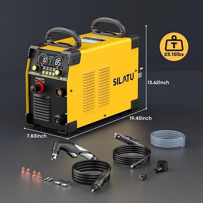 SILATU Plasma Cutter, 85Amps Blowback Pilot Arc Air Sensor Technology, Digital Display, 110V/220V Dual Voltage Non-HF CNC Plasma Cutter Machine, 1″ Clean Cut 7/5″ Max Cut, PT/2T/4T for Beginners DIY