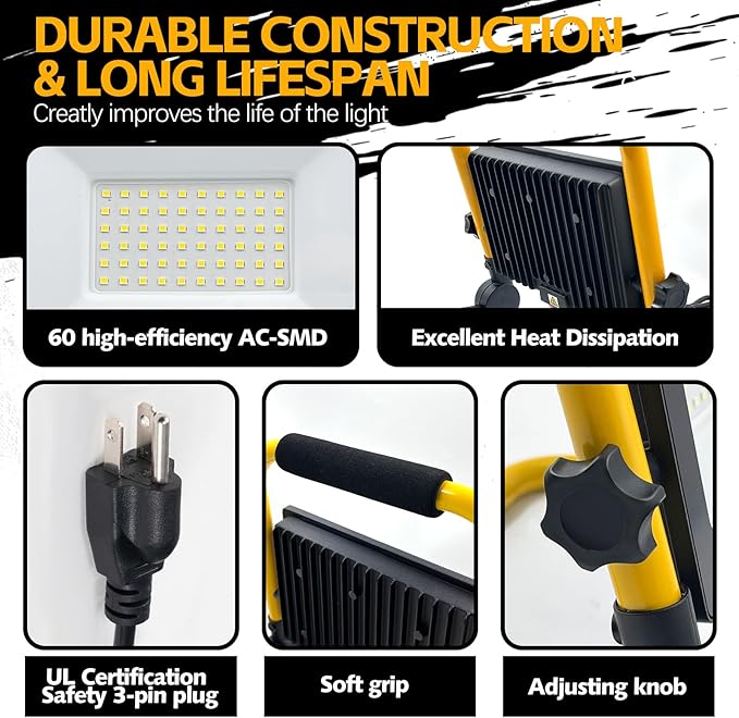 7000 Lumen Work Lights with Stand, 1 Adjustable Head LED Work Light, with Adjustable and Foldable Tripod Stand, Waterproof Lamp with Individual Switch with 6500 Kelvin Color Temperature (1-Head)