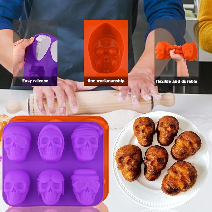 Sakolla Large Skull Cake Pan Silicone Mold, 2 Pack 6 Cavity Halloween Skull - Image 4