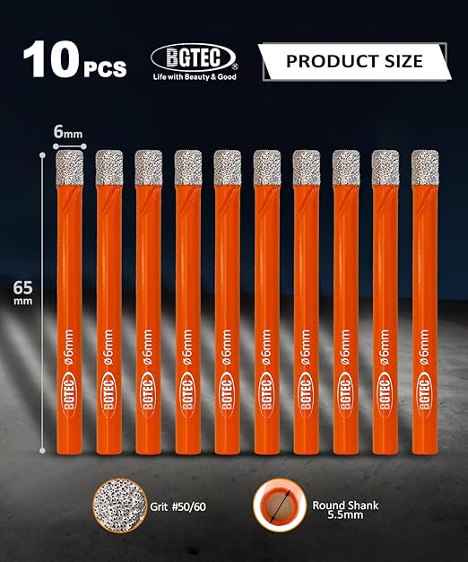 Dry Diamond Drill Bit Set,BGTEC 10pcs 1/4" 6mm Hole Saw for Granite,Marble,Masonry, Concrete, Tile/Ceramic, Glass, Hard Plastic,Vacuum Brazed Diamond Core Drill Bit Kit