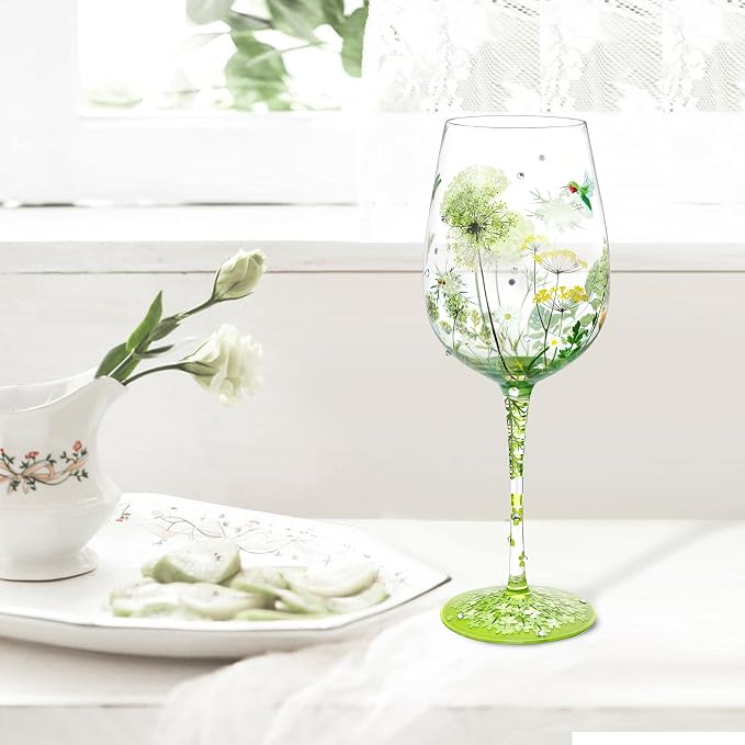 NymphFable Colorful Wine Glass Flower Bird Gragonfly Artisan Painted 15oz - Image 8