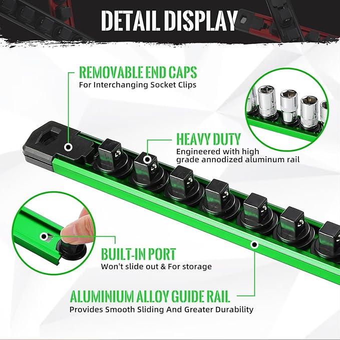 Magnetic Socket Organizer, 1-Piece Heavty Duty Aluminum Socket Holder, Socket Rail for Tool Box, Premium Quality 360° Swivel Socket Rack with 14 Clips for 3/8-Inch(Green)