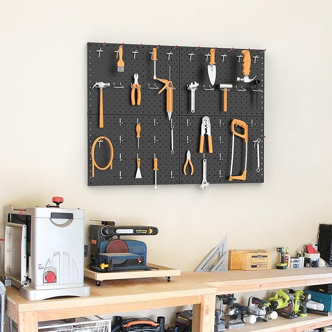 TORACK 4Pcs 12"x16" Metal Pegboard Panels for Garage, Workbench, Shop, Shed Tool Organizer Peg Board with 1/8" & 1/4" Holes, Modular Wall-Mounted Pegboard for Pegboard Hooks (Black)