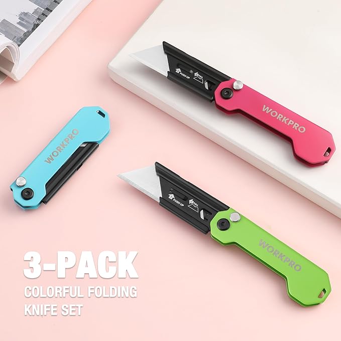 WORKPRO 3-Pack Folding Utility Knife, Razor Blade Knife with Safety Axis Lock, Quick Change Blade Box Cutter, EDC Pocket Knife with Belt Clip