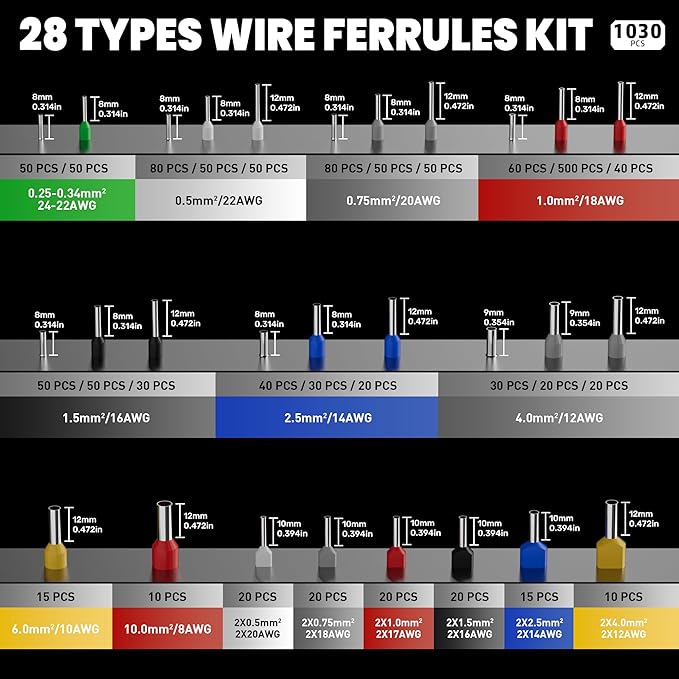 PEBA Ferrule Crimping Tool Kit, Square Pliers AWG28-7 & 28 Sizes Ferrules(AWG24-8) for Electrical Wiring/DIY Terminals | Self-Adjusting Ratchet Crimper - Copper Ferrule Kit