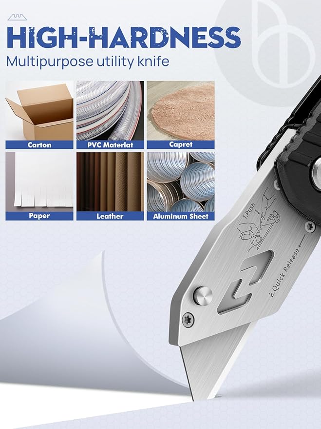 Utility Knife, BIBURY Upgraded Version Heavy Duty Box Cutter, Pocket Carpet knife with 10 Replaceable SK5 Stainless Steel Blades, Belt Clip, Easy Release Button, Quick Change and Safety Lock