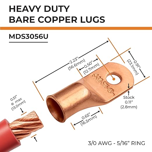 SELTERM 25pcs 3/0 AWG 5/16" Stud Battery Lugs, Ring Terminals, Heavy Duty Copper Wire Lugs, Battery Cable Ends, 000 Gauge Ring Terminal Connectors, UL Bare Copper Eyelets Electrical Battery Cable Lugs