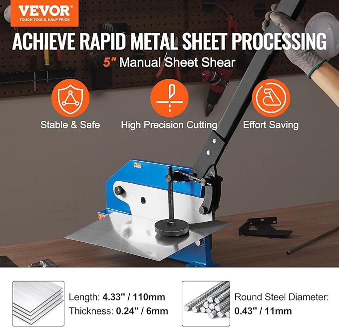 VEVOR Hand Plate Shear 5",Manual Metal Cutter Cutting Thickness1/4 Inch Max,Metal Steel Frame Snip Machine Benchtop 7/16 Inch Rod,for Shear Carbon Steel Plates and Bars