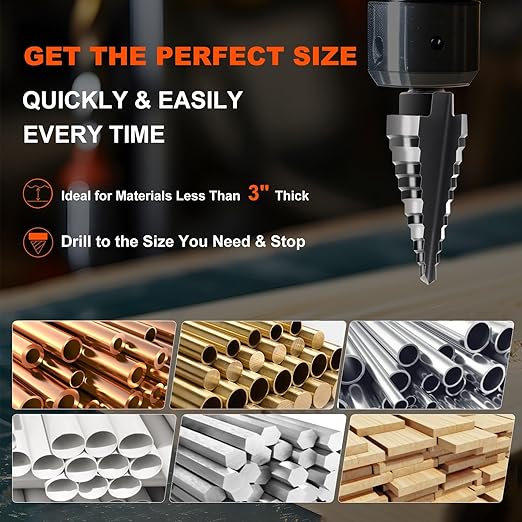 COMOWARE Step Drill Bit, 12 Sizes from 3/16" to 7/8", High Speed Steel Step Bit with 2 Straight Flutes, 3-Flat Shank, Steps Bits for Metal, Aluminum/Wood/Plastic/Iron, Unibit for Electricians & DIY
