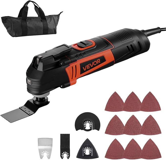 VEVOR Multitool Oscillating Tool, 3Amps Corded Oscillating Multi Tool with 6 Variable Speeds 15000-22000 OPM, 3.2° Oscillating Angle, 13PCS Saw Accessories, LED Work Light & Tool Bag