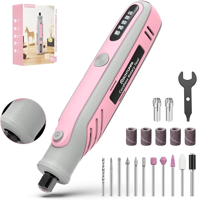 Rotary Tool 4V Pink, Rotary Tool Kit with LED Display, Cordless Rotary Tool with Speed Memory, Mini Rotary Tool for Small DIY Project, Small and Light with Rubber Handle, Beginner Friendly