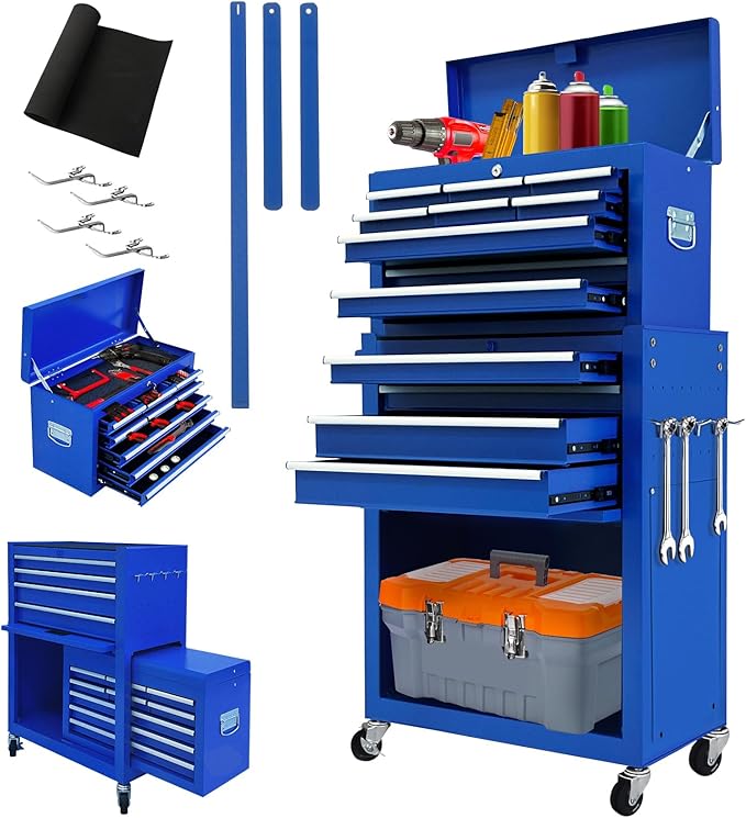 13-Drawer Tool Chest with Wheels,2 in 1 Detachable Rolling Tool Chests with Drawers,Large Tool Box with Lock,Mobile Steel Tool Cabinet Storage for Warehouse,Garage-Blue