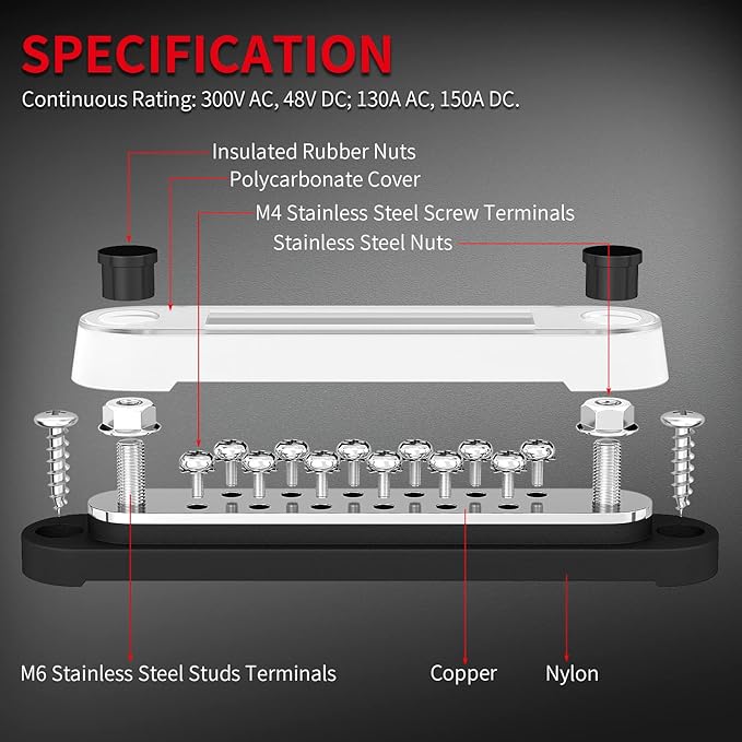 DaierTek 12V Power Distribution Block 2 x 1/4" (M6) Terminal Studs 12 x M4 (#8) Terminal Screws Battery Bus Bar Terminal Block Max 48V Positive & Negative Busbar for Automotive Car Boat