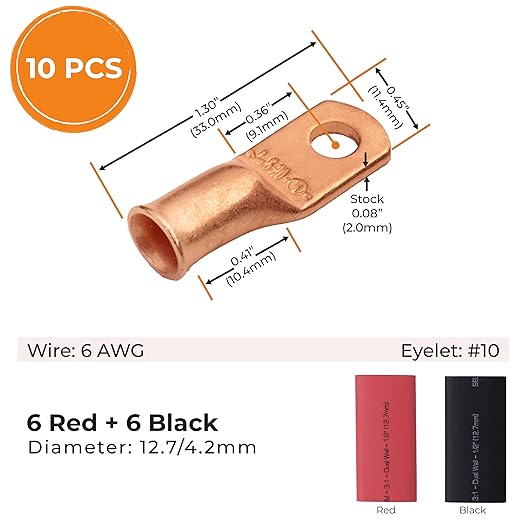 SELTERM 10pcs - 6 Awg - #10 - Battery Lugs - Ring Terminal Connectors | with 12pcs 3:1 Black & Red Heat Shrink Tubing with Adhesive | Heavy Duty Battery Cable Ends - Bare Copper Wire Lugs Kit