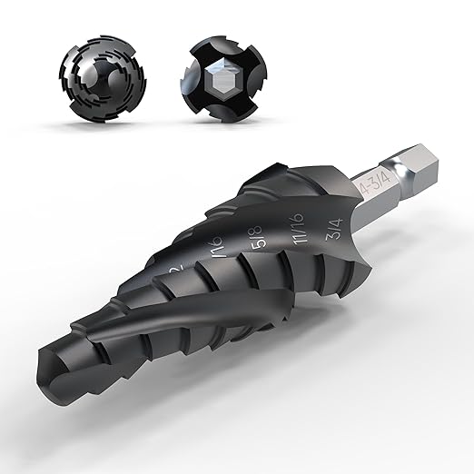 Four Spiral Flute Step Drill Bit, 1/4" - 3/4"(9 Sizes) 1/4" Hex Shank Cobalt Step Drill Bit Fully Coated with TiAlN for Metal, Stainless Steel, Aluminum, Plastic