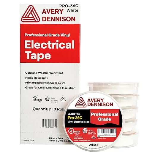 Avery Dennison Electrical Tape, 10 Rolls Professional Grade PVC Electric Tape, UL/CSA Listed ¾ in x 66 ft Insulating Vinyl Tape for Electrical, Repairs, Automotive and Equipment, Pro-36C, White