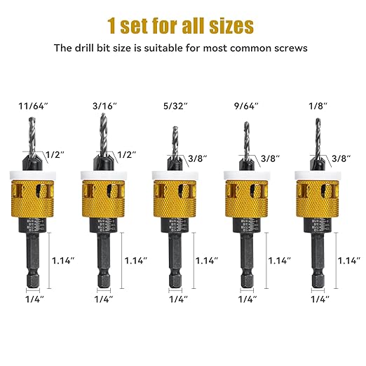 15 Pcs Countersink Drill Bit Set with Low Friction Depth Stop, HSS M2 Bits Tapered Head 1/8" 9/64" 5/32" Drill+3/8” 82° Counter-Bore,11/64" 3/16" Drill+ 1/2" 82° Counter Bore,1/4” Hex Shank(Yellow)