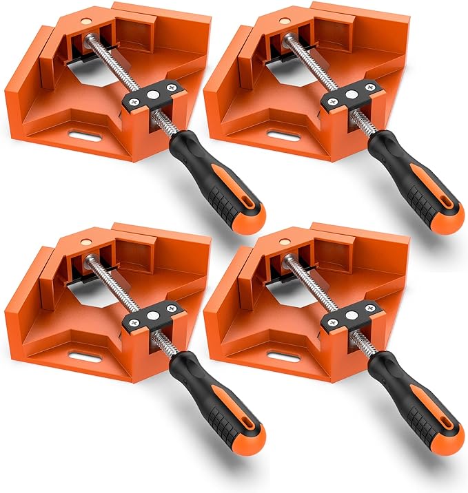 Right Angle Clamp, Housolution [4 PACK] Single Handle 90° Aluminum Alloy Corner Clamp, Right Angle Clip Clamp Tool Woodworking Photo Frame Vise Holder with Adjustable Swing Jaw - Orange