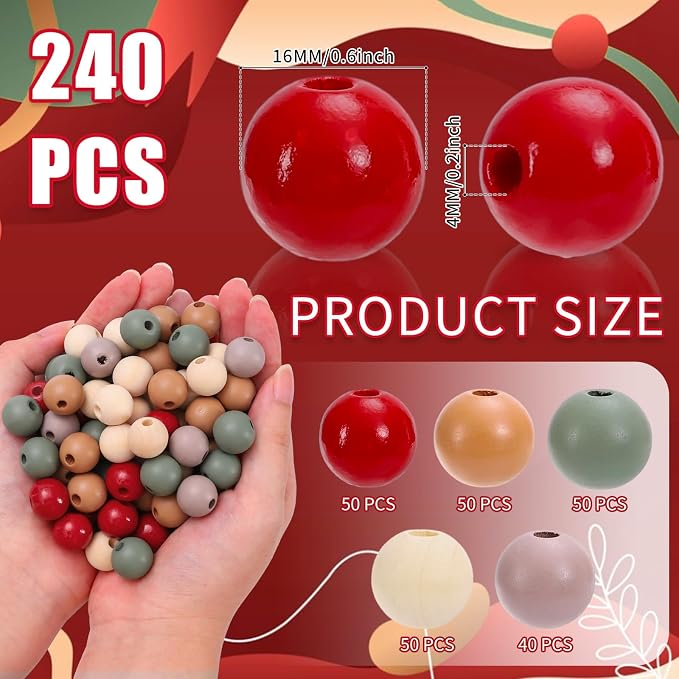 Whaline 240Pcs Christmas Wooden Beads Vintage Red Green Beige Round Loose Bead - Image 2