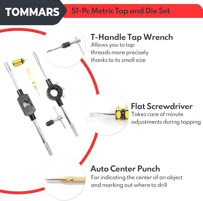 TOMMARS 51-Pc M6 to M24 Jumbo Tap and Die Set Metric Round Threading Dies for Threading and Rethreading Internal and External Threads
