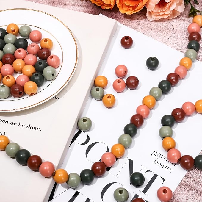 Whaline 240 Pcs Modern Boho Color Wooden Beads Sage Green Pink Orange Brown - Image 5