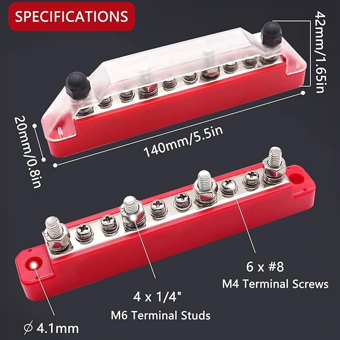 150A 12V Bus Bar Marine, 1/4" Power Distribution Block, Battery Buss Bar, Automotive Busbar Terminal Block for Car and Boat, 4 x 1/4" (M6) Posts, 6 x #8 (M4) Screws Terminals (Black+Red)
