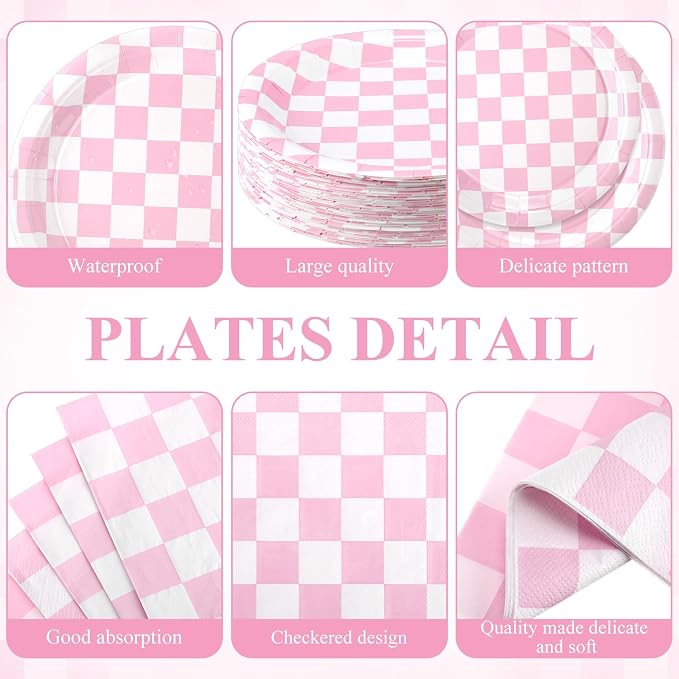 Pickmesh 400 Pcs Pink and White Checkered Party Decorations Set Light Pink - Image 2