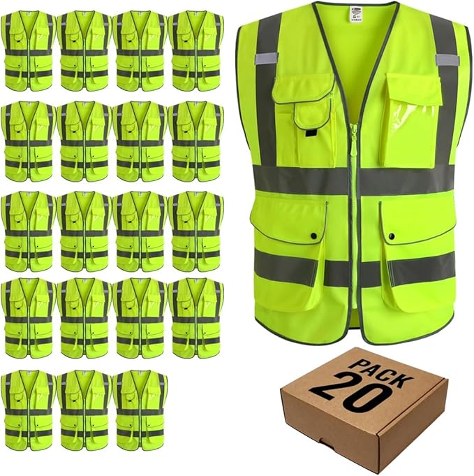 JKSafety 20 Pack 9 Pockets Class 2 High Visibility Zipper Front Safety Vest With Reflective Strips,Meets ANSI/ISEA Standard (2X-Large 156-Yellow)