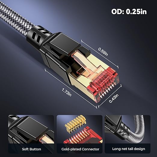 Cat 8 Ethernet Cable 6 ft, 40Gbps 2000Mhz High Speed Gigabit LAN Internet Cables,RJ45 Patch Cord Braided Round S/FTP Network Cable,for Smart Home,Office,Gaming,Modem, Router