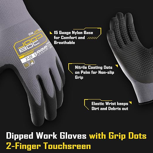COOLJOB 3/12/36 Pairs Nitrile Rubber Dipped Safety Work Gloves with Grip Dots, Seamless Knit Nylon Gloves with 2 Finger Touchscreen, Non-slip Coated for Warehouse, Home Improvement, Yard, Grey Xlarge