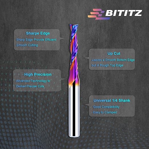2PCS Upcut Spiral Router Bit 1/4 Inch Shank 3/16 Inch Cutting Diameter 1 inch Cutting Length with Extra Long Life Coating CNC Router Bits End Mill for Wood Cutting, Slot Mortise, Engraving