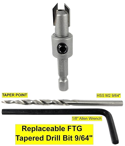 FTG USA #6 (9/64") Tungsten Carbide Tipped Countersink Drill Bit with Tapered Drill Bit, 1/4 Inch Quick Change Hex Shank and Allen Wrench