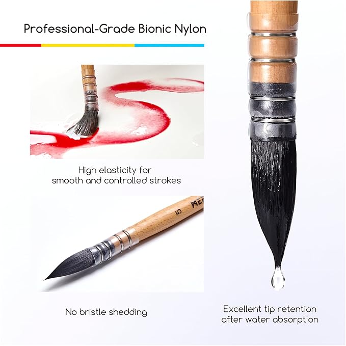 MEEDEN Watercolor Brushes Professional - Synthetic Squirrel Hair Artist Paint Brushes Set with Beech Wood Handle Great for Artists Hobbyists Size 1