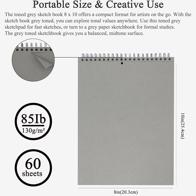 Fuxi Toned Gray Sketchbook 8x10, 60 Sheets Acid-Free Drawing Paper, Spiral - Image 2