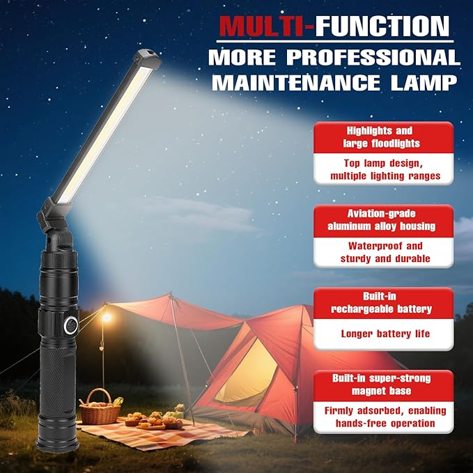 Rechargeable Work Light, 360° Rotate Design, Magnetic LED Work Light Foldable Flashlight,5 Lighting Modes,Mechanic Light, Portable Outdoor Lamp for Car Repair,Camping, Emergency