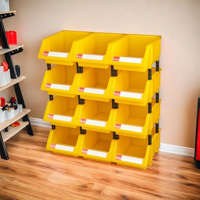 Small Parts Organizer Stacking Heavy Duty Storage Bins(Yellow,Pack of 12)