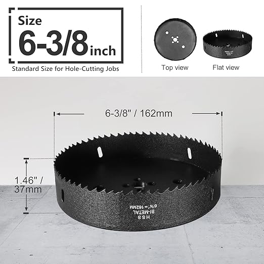 6-3/8 Inch Hole Saw with 1/2" Hex Shank Quick Change Arbor, JTemgle Bi-Metal Hole Saw Heavy Duty Hole Cutting Tool for Cornhole Boards, Recessed Lights, Wood, Plastic, Drywall & Soft Metal